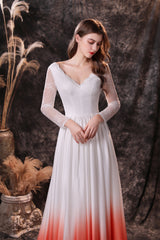 Bridesmaid Dresses Long Sleeves, A Line V-Neck Long Sleeve Ombre Silk Like Satin Sweep Train Prom Dresses