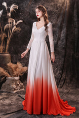 Bridesmaid Dresses Long Sleeve, A Line V-Neck Long Sleeve Ombre Silk Like Satin Sweep Train Prom Dresses