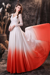 Bridesmaids Dresses Long Sleeves, A Line V-Neck Long Sleeve Ombre Silk Like Satin Sweep Train Prom Dresses