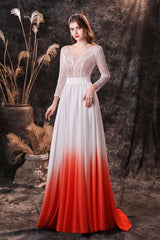 Bridesmaid Dresses Mismatched Neutral, A Line V-Neck Long Sleeve Ombre Silk Like Satin Sweep Train Prom Dresses