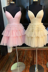 Homecomeing Dresses Short, A-Line V-Neck Multi-Tiered Short Party Dress,Light Pink Cocktail Dresses Short