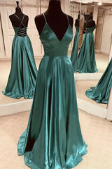 Homecomming Dresses Short, A Line V Neck Open Back Emerald Green Satin Long Prom Dress, Backless Emerald Green Formal Graduation Evening Dress