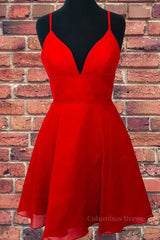 Boho Wedding Dress, A Line V Neck Open Back Red Short Prom Dress, Backless Red Homecoming Dress