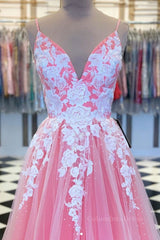 Long Prom Dress, A Line V Neck Pink Long Prom Dress with Lace Appliques, V Neck Pink Formal Dress, Pink Evening Dress