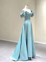 Prom Dress Near Me, A-Line V Neck Satin Blue Long Prom Dress, Blue Formal Evening Dresses