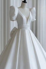 Wedding Dresses Girls, A-Line V-Neck Satin Wedding Dress, White Short Sleeve Bridal Gown with Bow