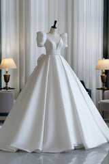 Wedding Dress Diet, A-Line V-Neck Satin Wedding Dress, White Short Sleeve Bridal Gown with Bow