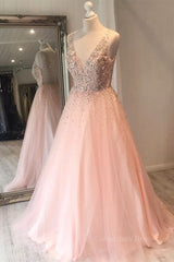 Dress To Impression, A Line V Neck Sequins Pink Long Prom Dress, Pink Formal Graduation Evening Dress