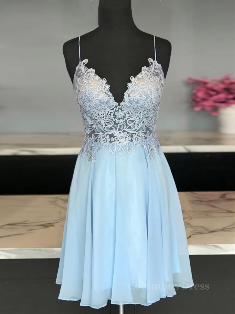 Homecoming Dresses For Girls, A Line V Neck Short Blue Lace Prom Dresses, Short Blue Lace Formal Homecoming Dresses