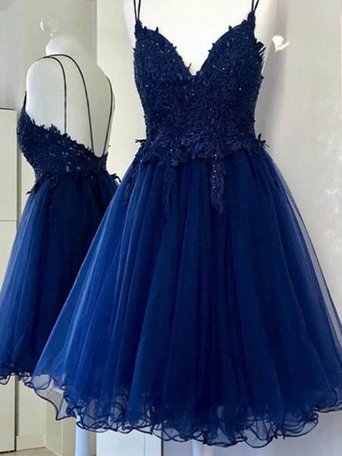 Dream, A Line V Neck Short Blue Prom Dresses, Short Blue Lace Graduation Homecoming Dresses