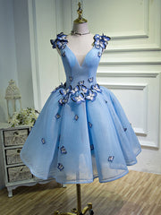 Party Dress For Night, A Line V Neck Short Blue Prom Dresses with Butterfly, Short Blue Formal Homecoming Dresses