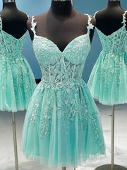 Party Dress Miami, A Line V Neck Short Green Lace Prom Dresses, Short Green Lace Formal Homecoming Dresses