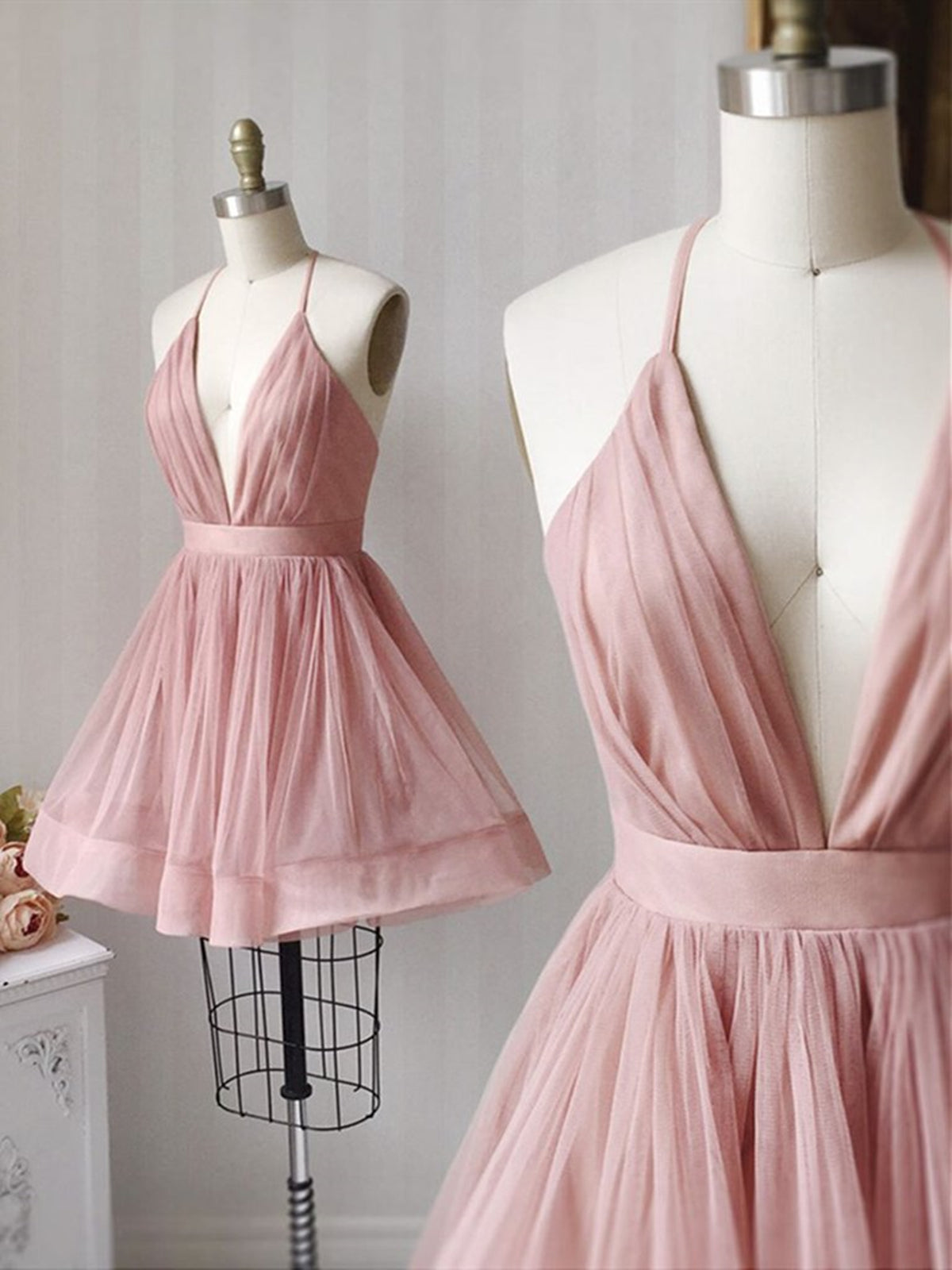Formal Dresses Vintage, A Line V Neck Short Pink Prom Dresses, Short Pink V Neck Graduation Homecoming Dresses