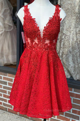Formal Dresses For Large Ladies, A Line V Neck Short Red Lace Prom Dress, Red Lace Formal Graduation Homecoming Dress