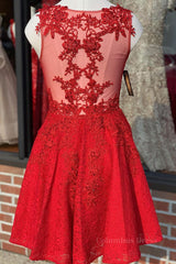 Formal Dresses Royal Blue, A Line V Neck Short Red Lace Prom Dress, Red Lace Formal Graduation Homecoming Dress