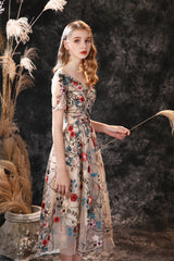 Bridesmaid Dress Website, A Line V-Neck Short Sleeve Embroidery Tulle Tea Length Short Homecoming Dresses