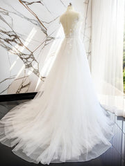 Wedding Dress Online, A-line V-neck Short Sleeves Hand-Made Flower Court Train Tulle Wedding Dress