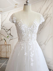 Wedding Dress Trends, A-line V-neck Short Sleeves Hand-Made Flower Court Train Tulle Wedding Dress