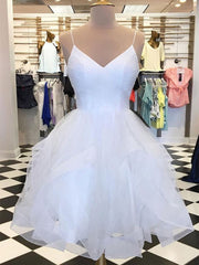 Formal Dress Simple, A Line V Neck Short White Prom Dresses, Short White Lace Formal Homecoming Dresses