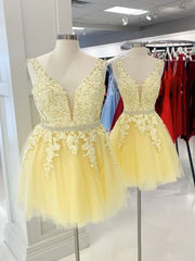 Classy Prom Dress, A Line V Neck Short Yellow Lace Prom Dresses, Short Yellow Lace Graduation Homecoming Dresses