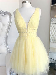 Homecoming Dress Inspo, A Line V Neck Short Yellow Prom Dresses, Short V Neck Yellow Formal Homecoming Dresses