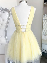 Homecoming Dresses For Girl, A Line V Neck Short Yellow Prom Dresses, Short V Neck Yellow Formal Homecoming Dresses