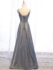 Prom Gown, A Line V Neck Silver Gray Long Prom Dresses, Gray Long Formal Evening Dresses