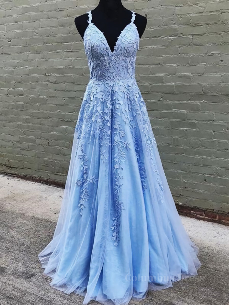 Mother Of The Bride Dress, A Line V Neck Sky Blue Lace Prom Dresses, Light Blue Lace Formal Evening Dresses