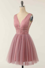 Dressy Outfit, A-line V Neck Sleeveless Beaded Mini Homecoming Dress