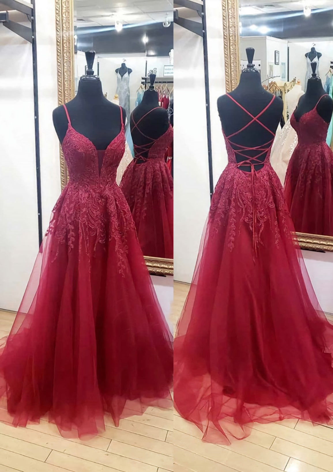Corset Prom Dress, A-line V Neck Sleeveless Chapel Train Tulle Prom Dress With Appliqued Lace