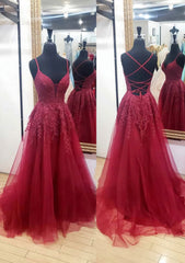 Corset Prom Dress, A-line V Neck Sleeveless Chapel Train Tulle Prom Dress With Appliqued Lace