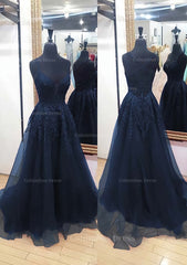 Party Outfit Night, A-line V Neck Sleeveless Chapel Train Tulle Prom Dress With Appliqued Lace