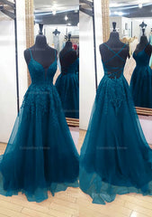 Formal Attire, A-line V Neck Sleeveless Chapel Train Tulle Prom Dress With Appliqued Lace