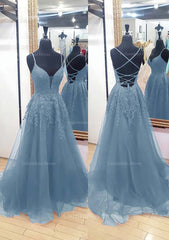 Party Dress Code Man, A-line V Neck Sleeveless Chapel Train Tulle Prom Dress With Appliqued Lace