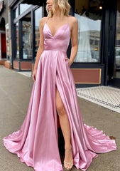 Bridesmaid Dress Designs, A-line V Neck Sleeveless Charmeuse Sweep Train Prom Dress With Pockets