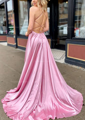 Bridesmaid Dresses Designs, A-line V Neck Sleeveless Charmeuse Sweep Train Prom Dress With Pockets