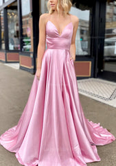 Bridesmaid Dress Designer, A-line V Neck Sleeveless Charmeuse Sweep Train Prom Dress With Pockets