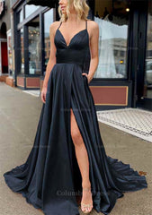 Bridesmaid Dresses Designers, A-line V Neck Sleeveless Charmeuse Sweep Train Prom Dress With Pockets