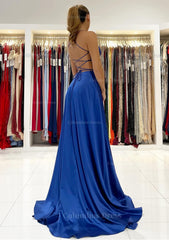 Prom Dress Silk, A-line V Neck Sleeveless Charmeuse Sweep Train Prom Dress With Split