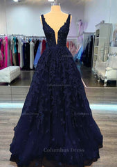 Formal Dress Vintage, A-line V Neck Sleeveless Long/Floor-Length Lace Prom Dress With Beading