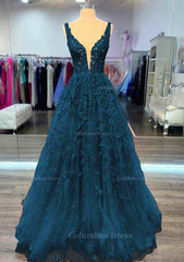 Formal Dress For Teen, A-line V Neck Sleeveless Long/Floor-Length Lace Prom Dress With Beading