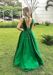 Party Dress For Ladies, A-line V Neck Sleeveless Long/Floor-Length Satin Prom Dress With Pleated
