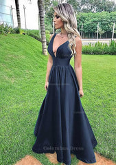 Party Dresses For Ladies, A-line V Neck Sleeveless Long/Floor-Length Satin Prom Dress With Pleated