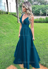 Party Dress Europe, A-line V Neck Sleeveless Long/Floor-Length Satin Prom Dress With Pleated