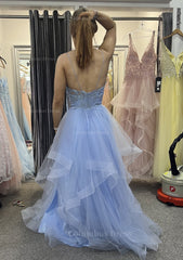 Homecoming Dress Fitted, A-line V Neck Sleeveless Long/Floor-Length Tulle Charmeuse Prom Dress With Appliqued Lace