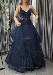 Homecoming Dresses Fitted, A-line V Neck Sleeveless Long/Floor-Length Tulle Charmeuse Prom Dress With Appliqued Lace