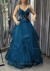 Homecomming Dresses Fitted, A-line V Neck Sleeveless Long/Floor-Length Tulle Charmeuse Prom Dress With Appliqued Lace