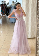 Prom Dresses Purple, A-line V Neck Sleeveless Long/Floor-Length Tulle Prom Dress With Appliqued Beading Flowers