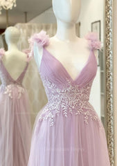 Prom Dressed Ball Gown, A-line V Neck Sleeveless Long/Floor-Length Tulle Prom Dress With Appliqued Beading Flowers
