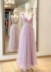 Prom Dresses Ball Gowns, A-line V Neck Sleeveless Long/Floor-Length Tulle Prom Dress With Appliqued Beading Flowers